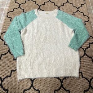 Womens Kori America Sweater Large Fuzzy Shaggy Comfy Long Sleeve Colorblock Teal